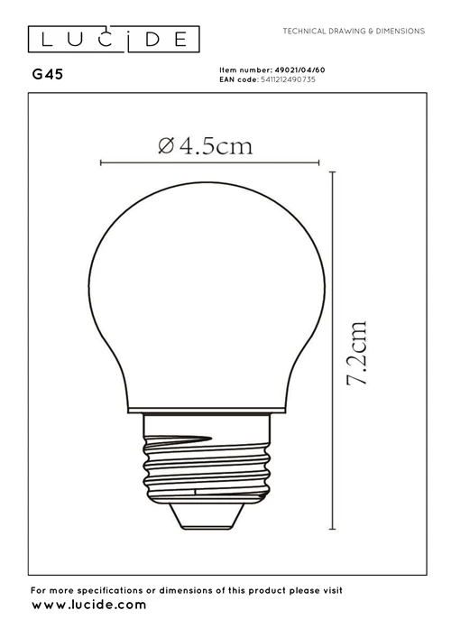 Lucide G45 - Filament bulb - Ø 4,5 cm - LED Dim. - E27 - 1x4W 2700K - Transparant - technical